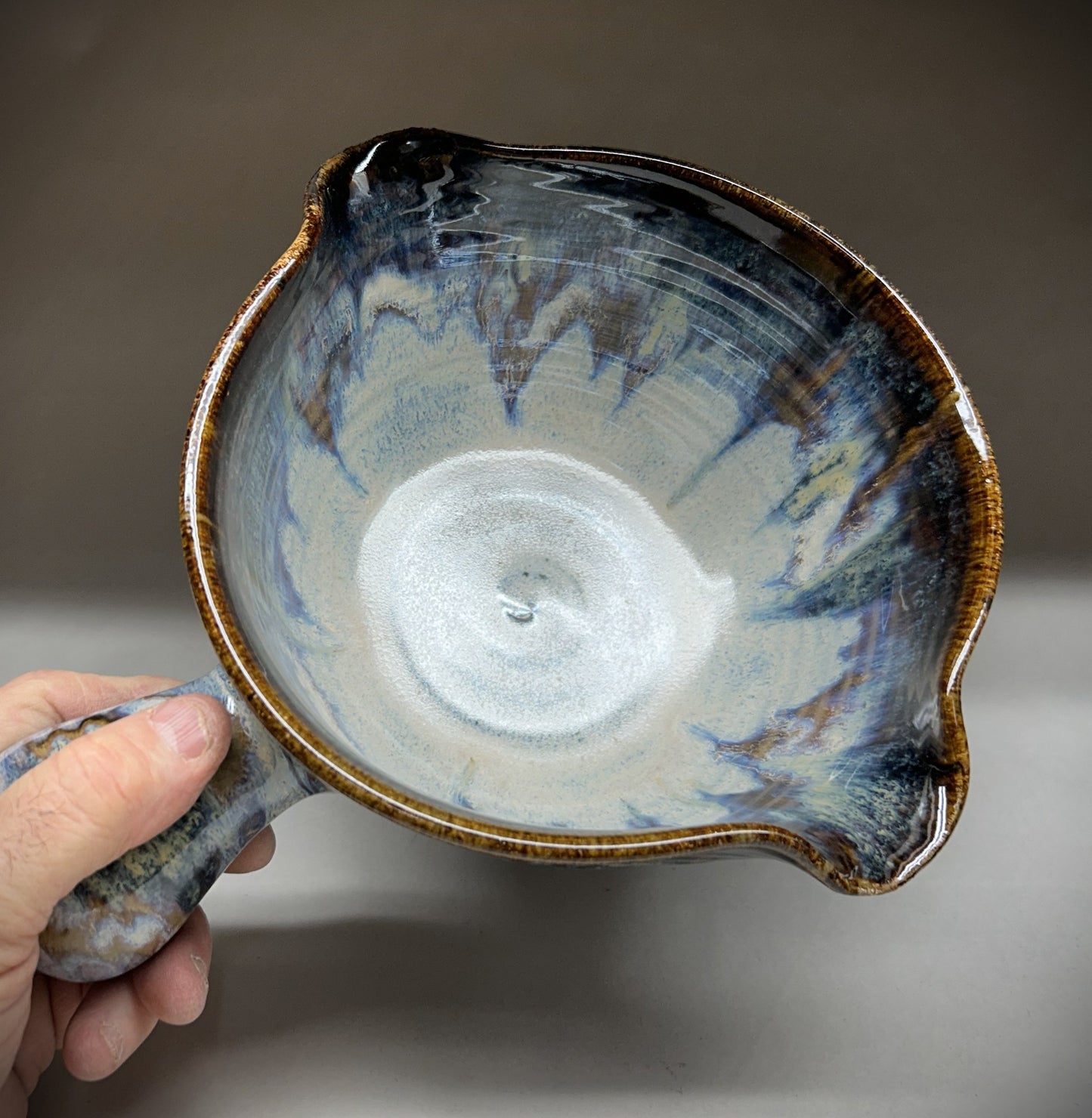 Handmade Pottery Mixing Bowl with Knob Handle & Pour Spouts