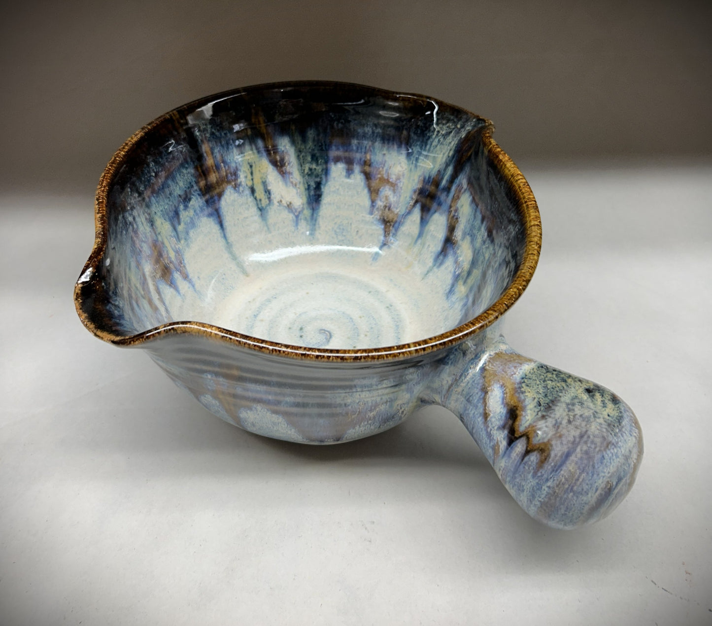 Handmade Pottery Mixing Bowl with Knob Handle & Pour Spouts