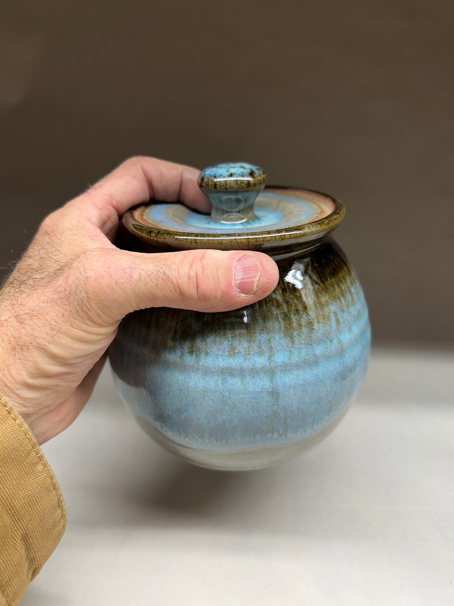 Blue Green Ash Glaze Pottery Jar | Handmade Ceramic Container