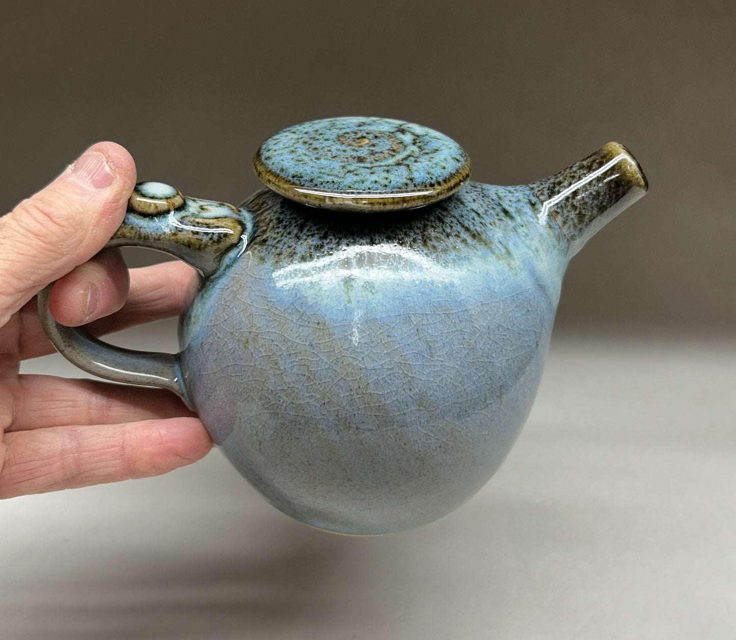 Small Handmade pottery teapot finished in a beautiful Blue Green Ash glaze