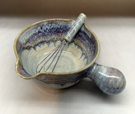 Handmade Pottery Batter Bowl with Whisk – Rustic Ceramic Mixing Bowl for Baking