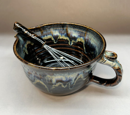 Handmade Pottery Batter Bowl with Whisk – Rustic Ceramic Mixing Bowl for Baking