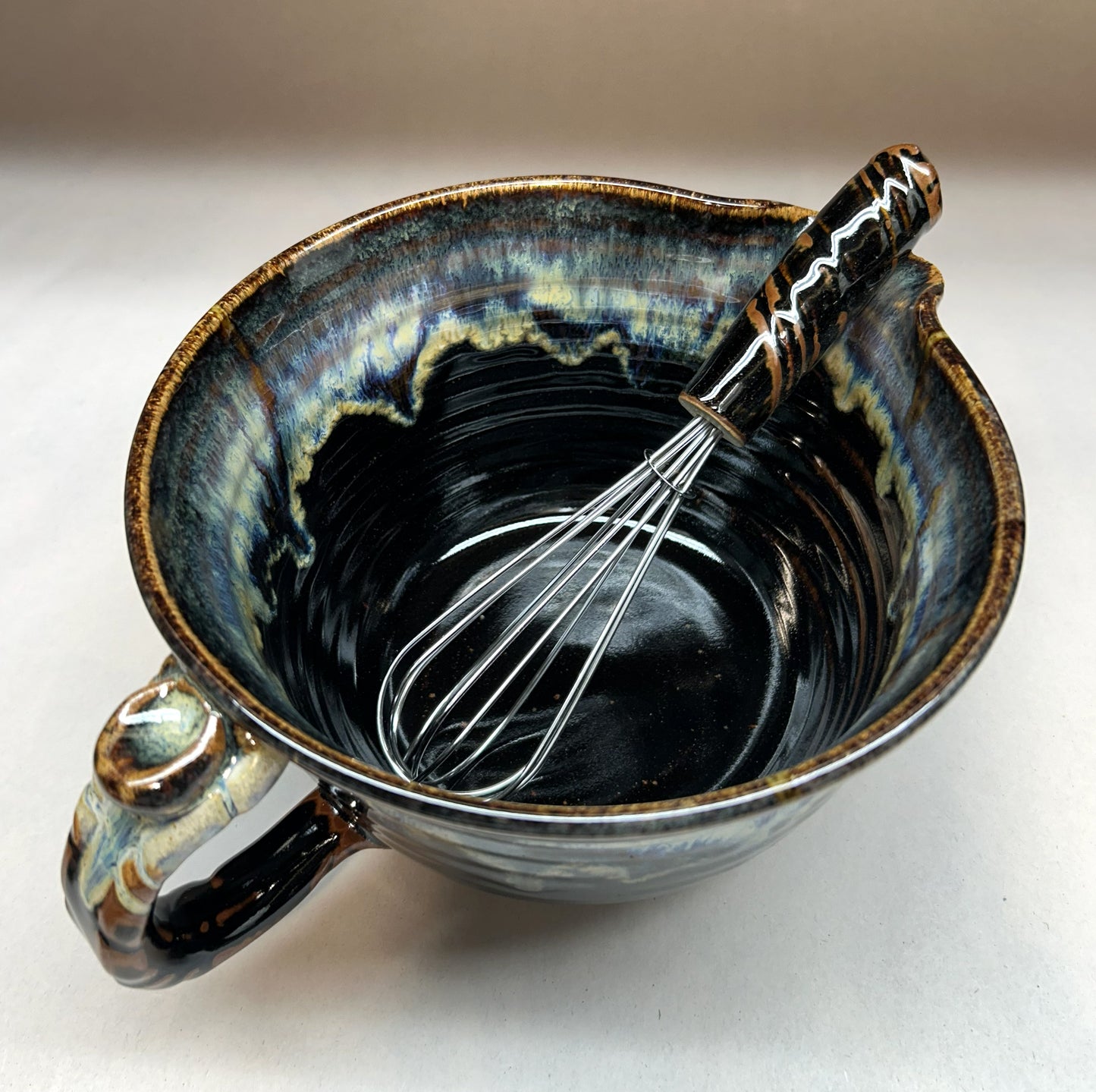 Handmade Pottery Batter Bowl with Whisk – Rustic Ceramic Mixing Bowl for Baking