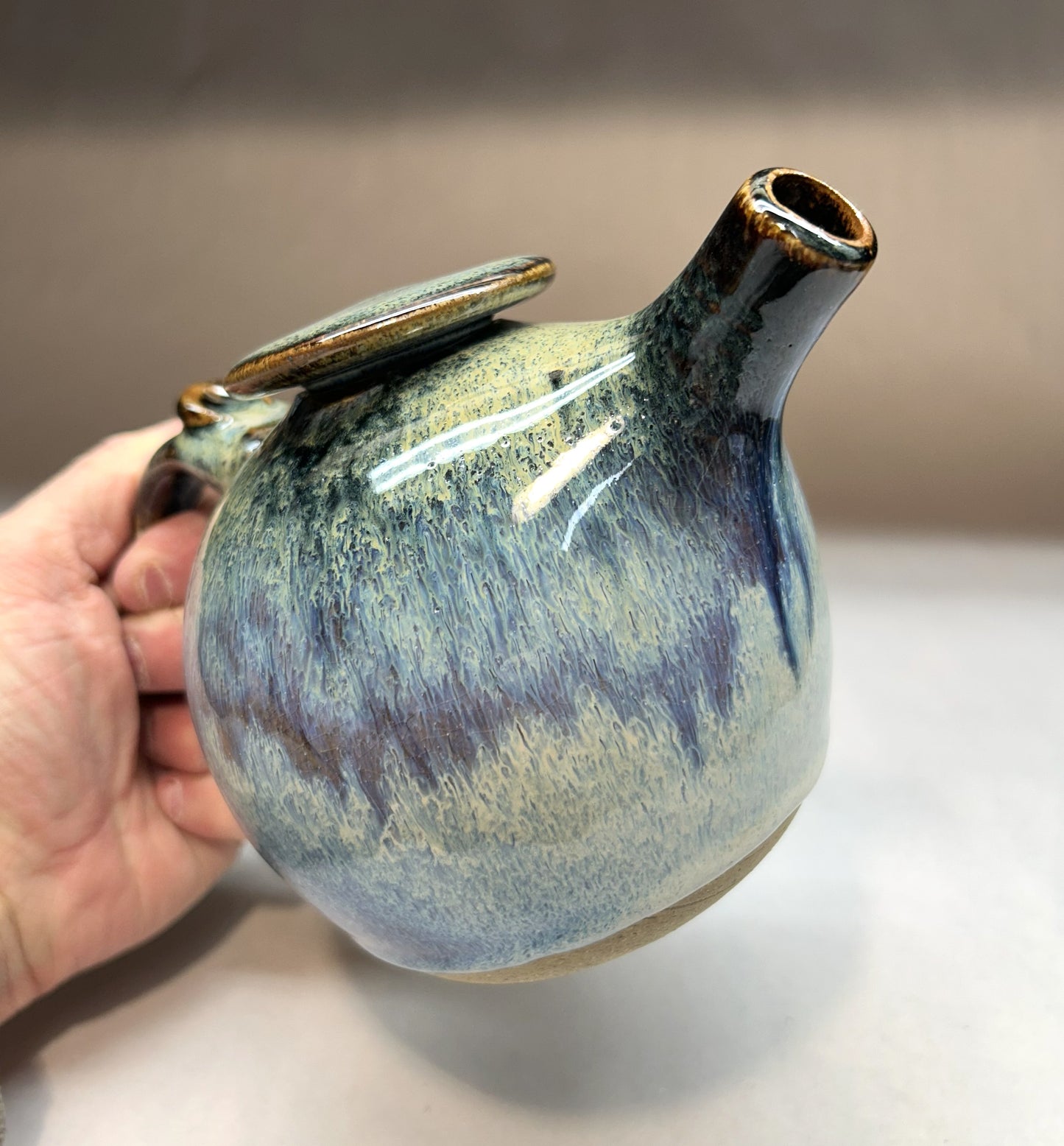 Small Handmade pottery teapot finished in a beautiful Rutile Blue &Temoku Glaze