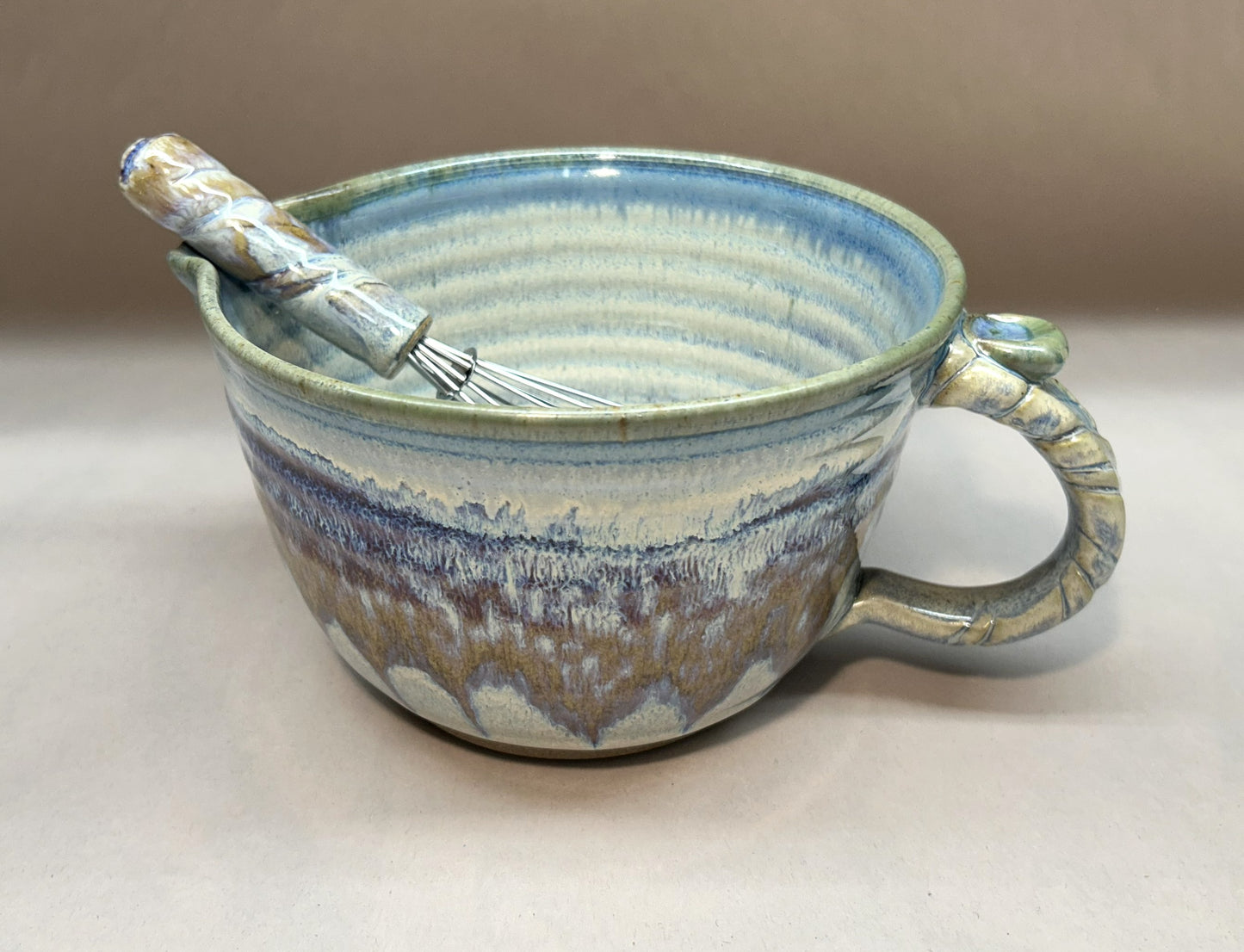 Handmade Pottery Batter Bowl with Whisk – Rustic Ceramic Mixing Bowl for Baking