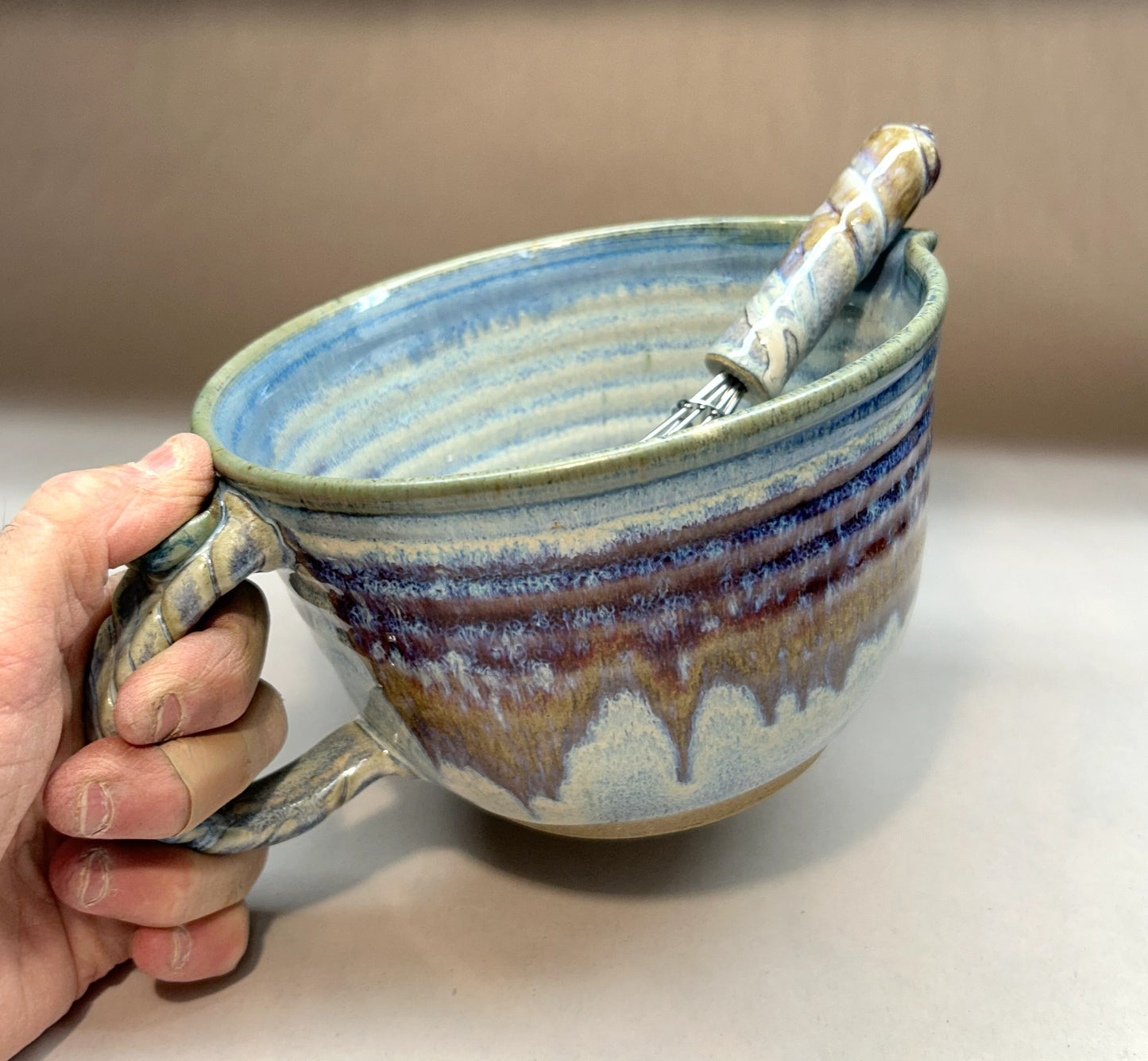 Handmade Pottery Batter Bowl with Whisk – Rustic Ceramic Mixing Bowl for Baking