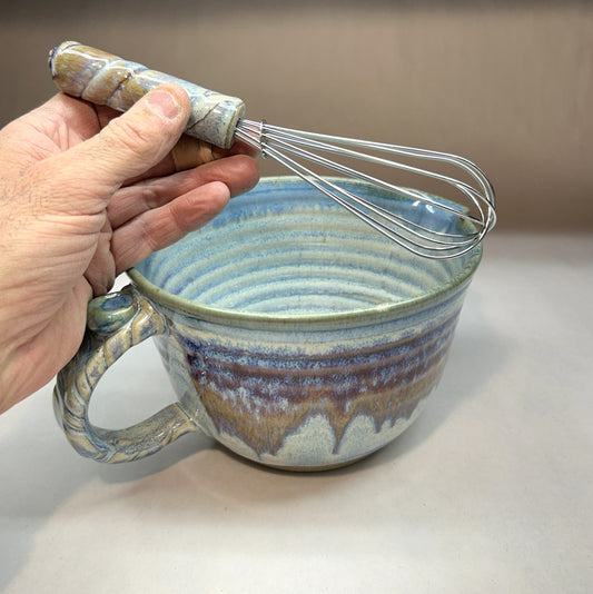 Handmade Pottery Batter Bowl with Whisk – Rustic Ceramic Mixing Bowl for Baking