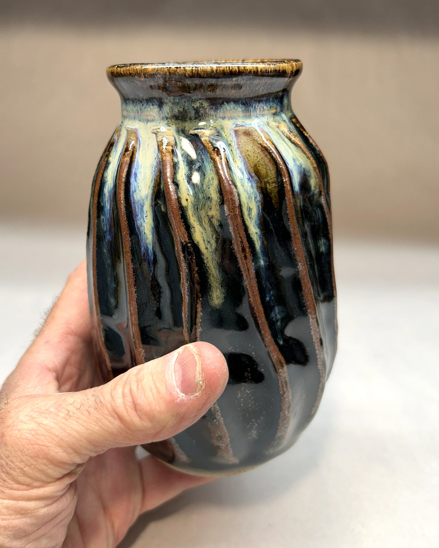 Faceted Handmade Pottery Vase - Temoku Black glaze - Stoneware Vase