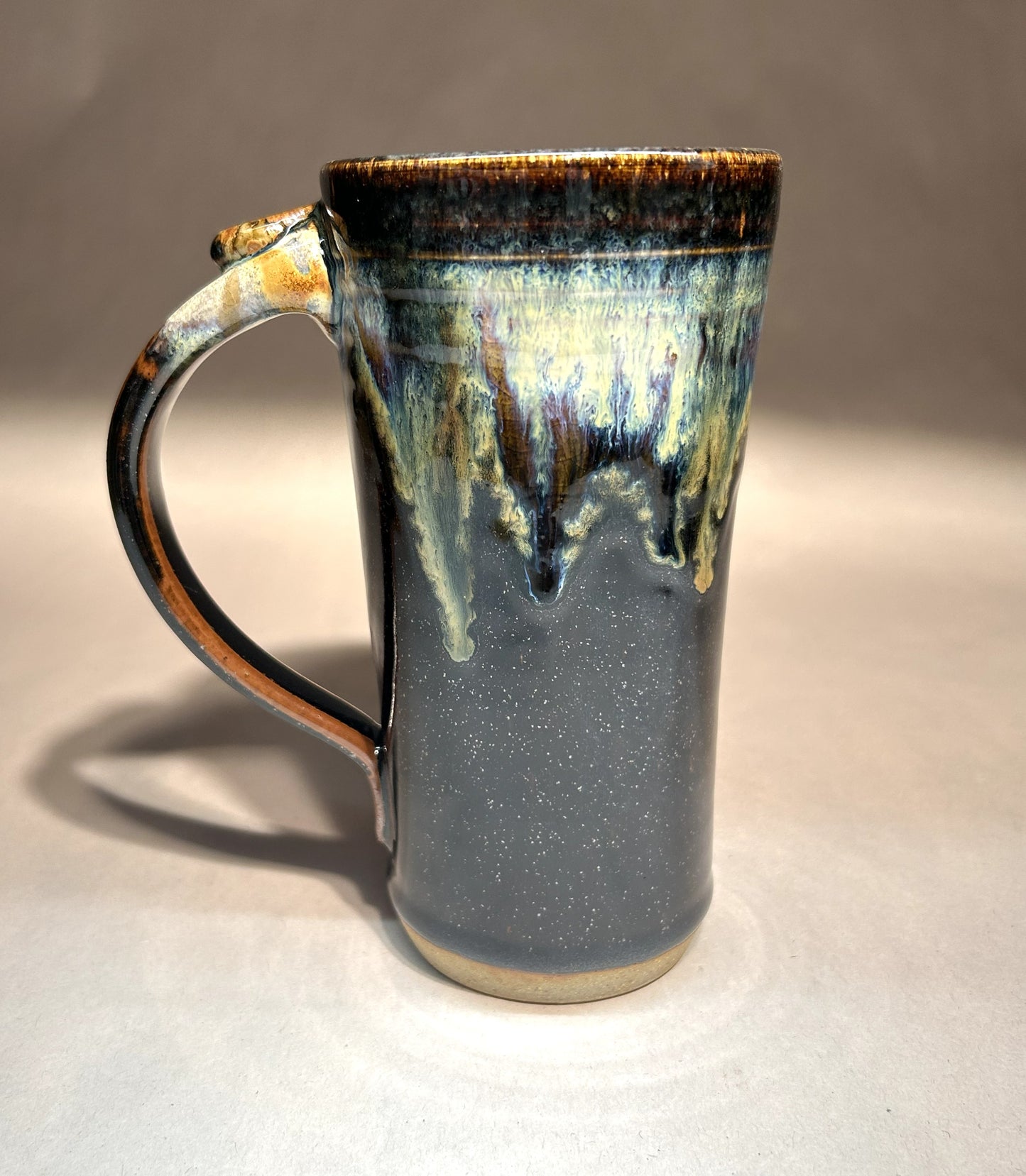 Tall Handmade Pottery Mug - Temoku Black and Everything Glaze