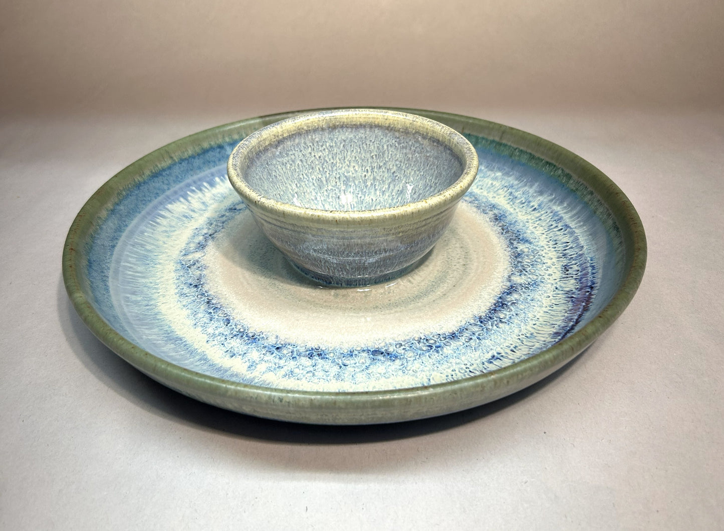 Handmade Pottery Chip and Dip - Electric Blue Glaze