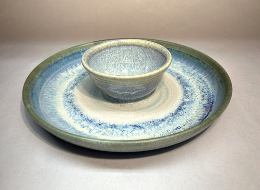 Handmade Pottery Chip and Dip - Electric Blue Glaze