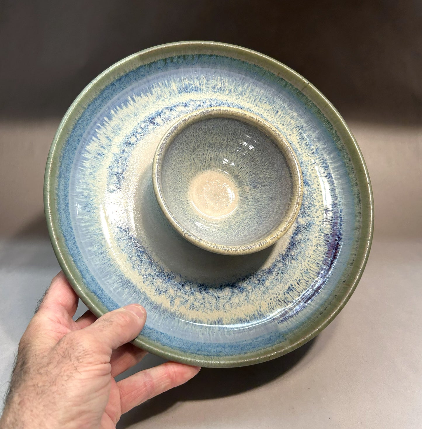 Handmade Pottery Chip and Dip - Electric Blue Glaze
