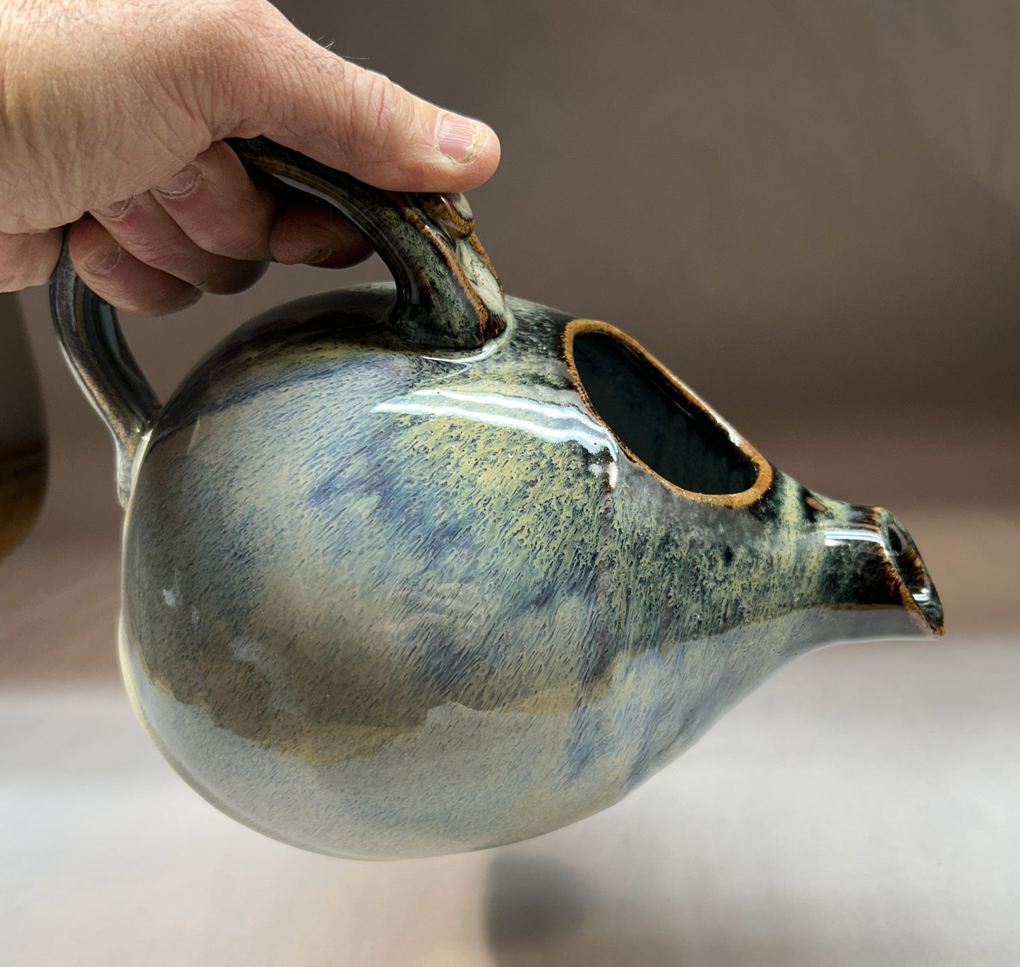 Handmade Pottery Water Pitcher - Temoku and Rutile Blue Glaze