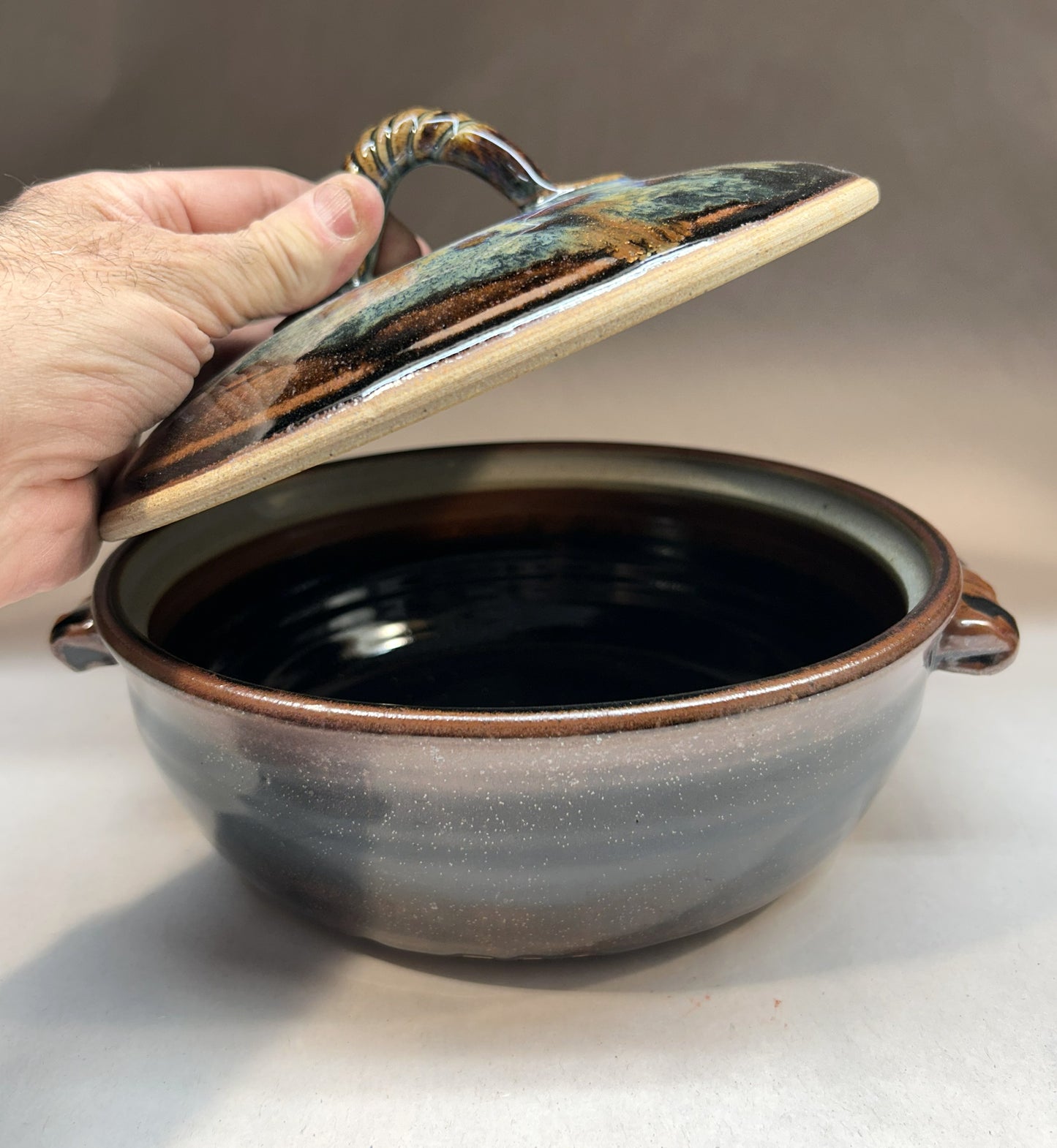 Handmade Pottery Casserole Dish with Lid - Temoku Black & Everything glaze