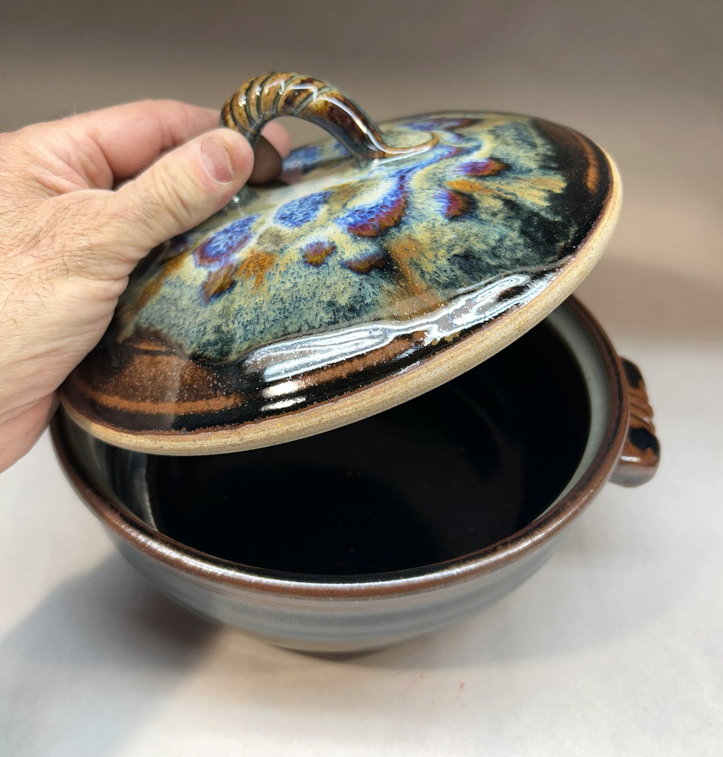 Handmade Pottery Lidded Casserole - Temuku Black and Everything Glaze - Serving ware