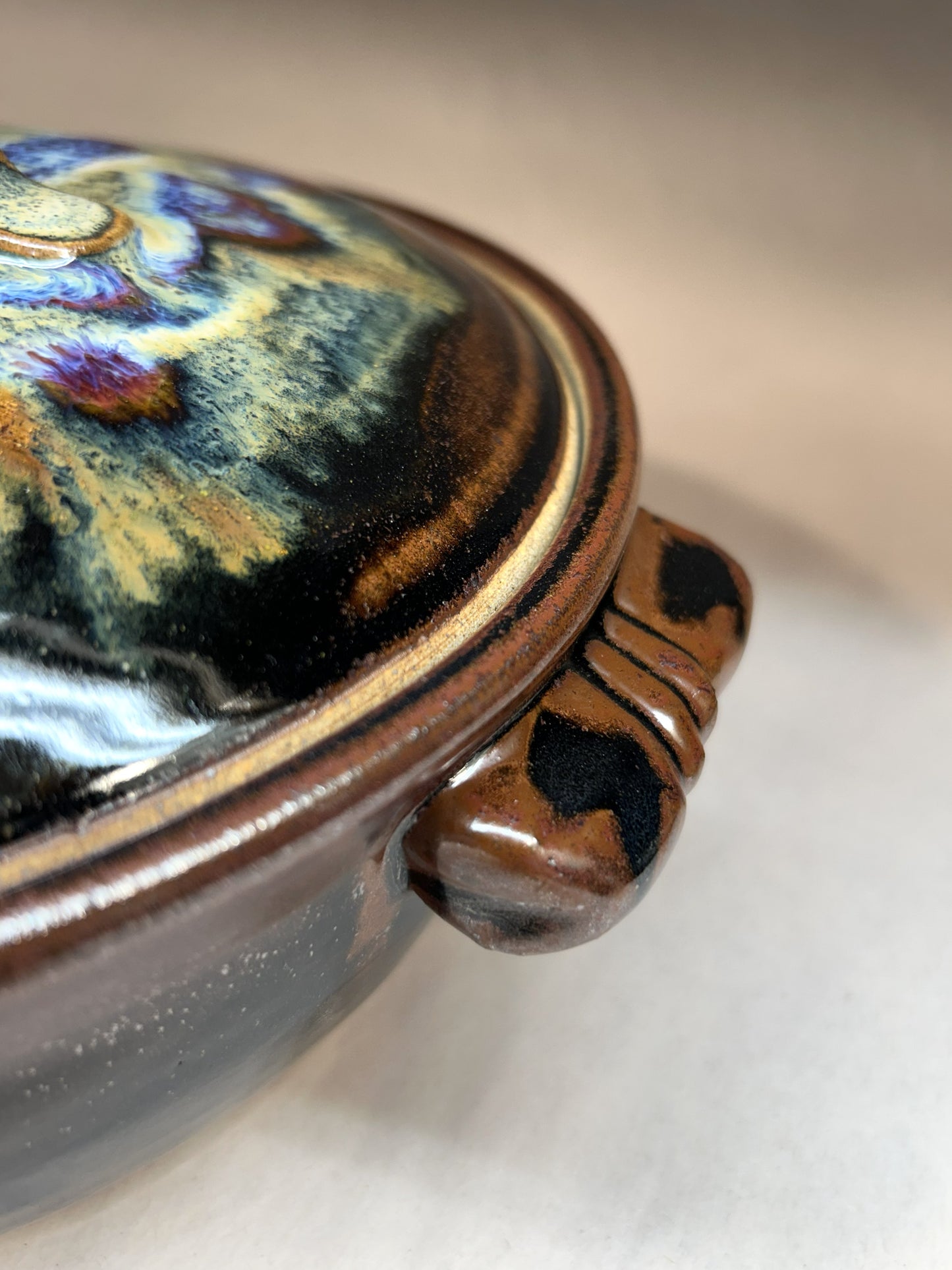 Handmade Pottery Casserole Dish with Lid - Temoku Black & Everything glaze