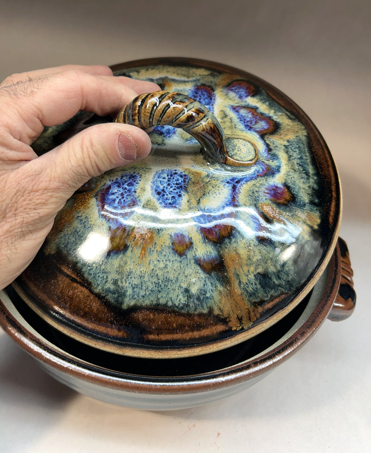 Handmade Pottery Lidded Casserole - Temuku Black and Everything Glaze - Serving ware