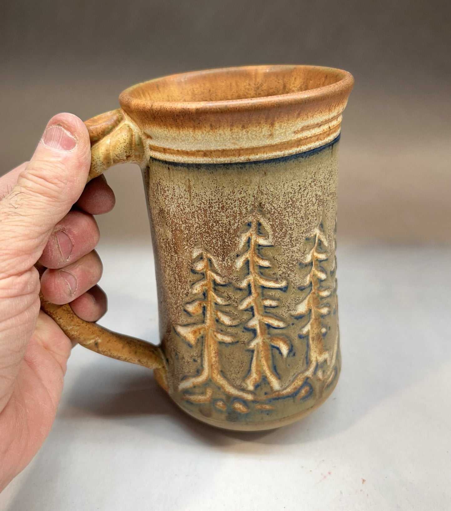 Extra Large Pottery Mug with Carved Tree design in Blue Underglaze