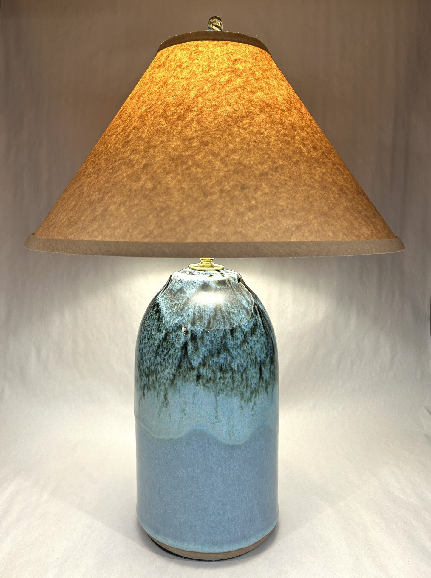 Handmade Pottery Lamp with Blue-Green Ash Glaze - Handmade Finial