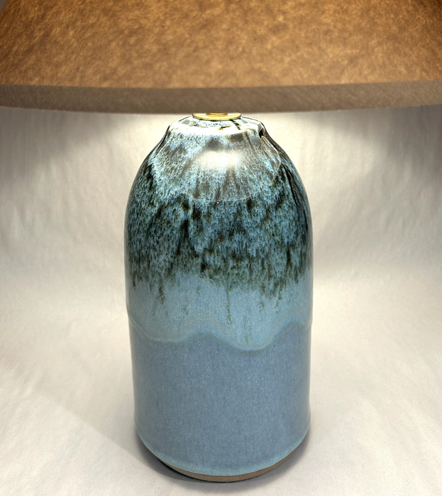 Handmade Pottery Lamp with Blue-Green Ash Glaze - Handmade Finial