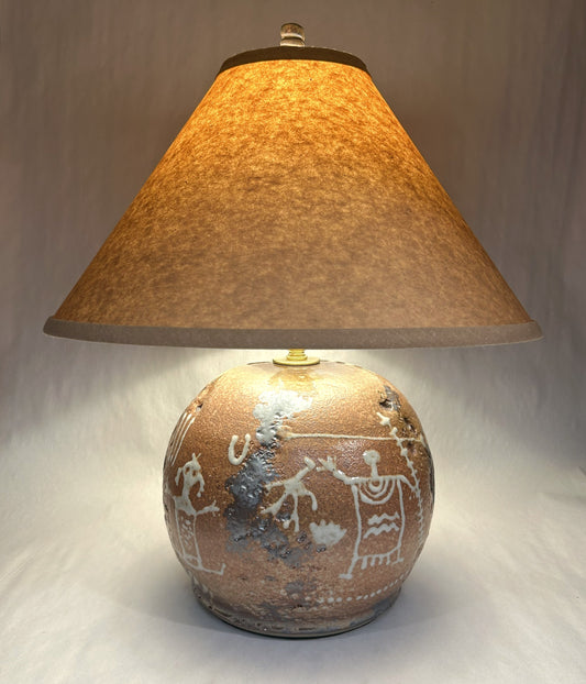 Handmade Southwestern Petroglyph Pottery Lamp - Handmade Finial - Craft Paper Shade