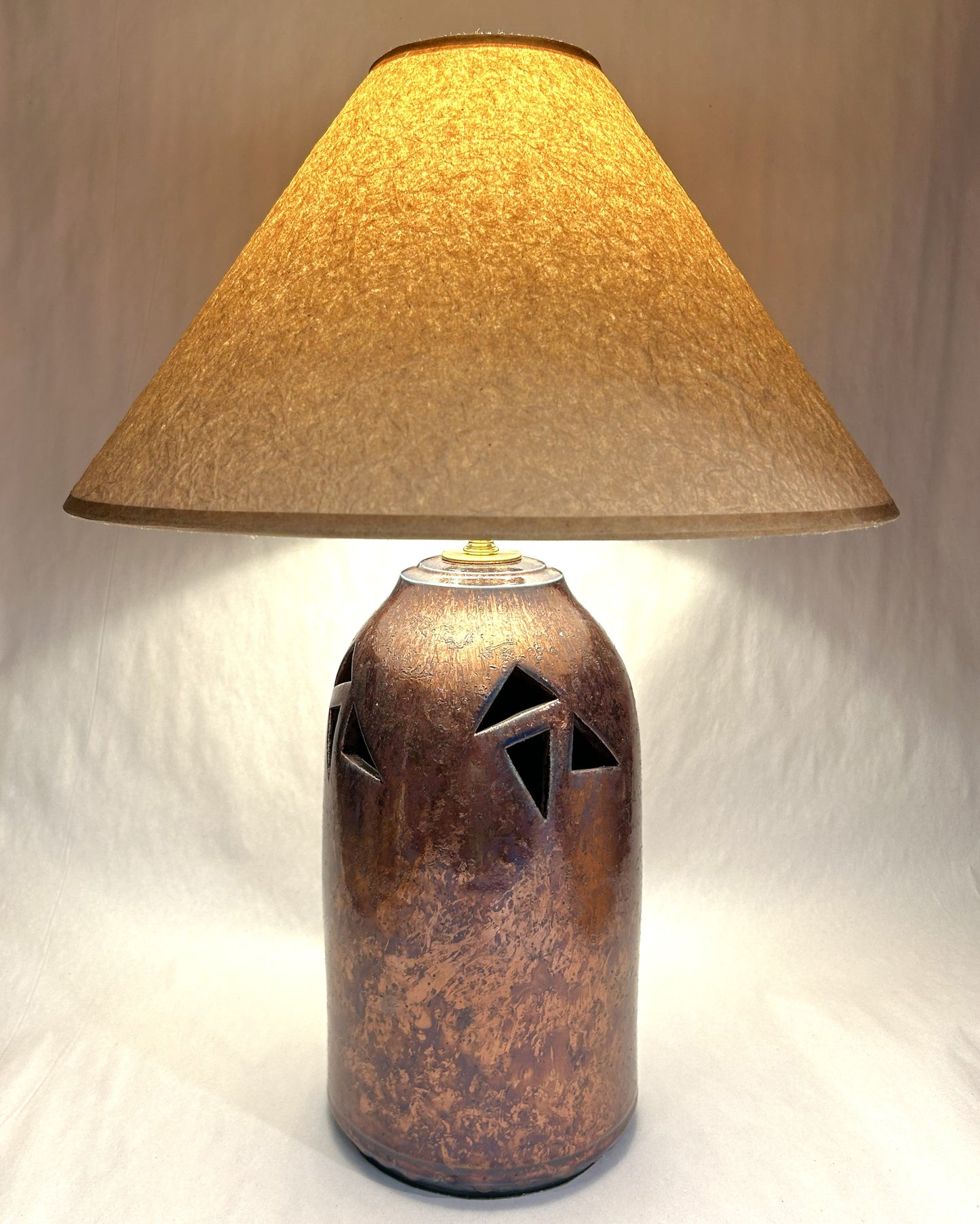 Handmade Raku Lamp with Copper Green Glaze - Wrinkled Paper Shade - Handmade Finial