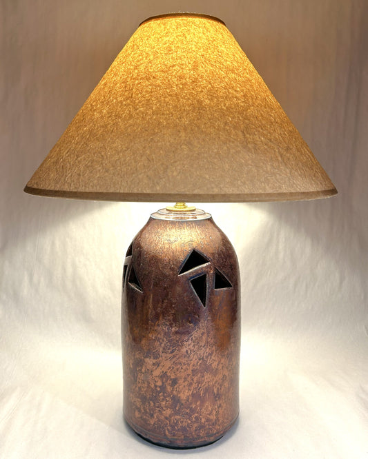 Handmade Raku Lamp with Copper Green Glaze - Wrinkled Paper Shade - Handmade Finial