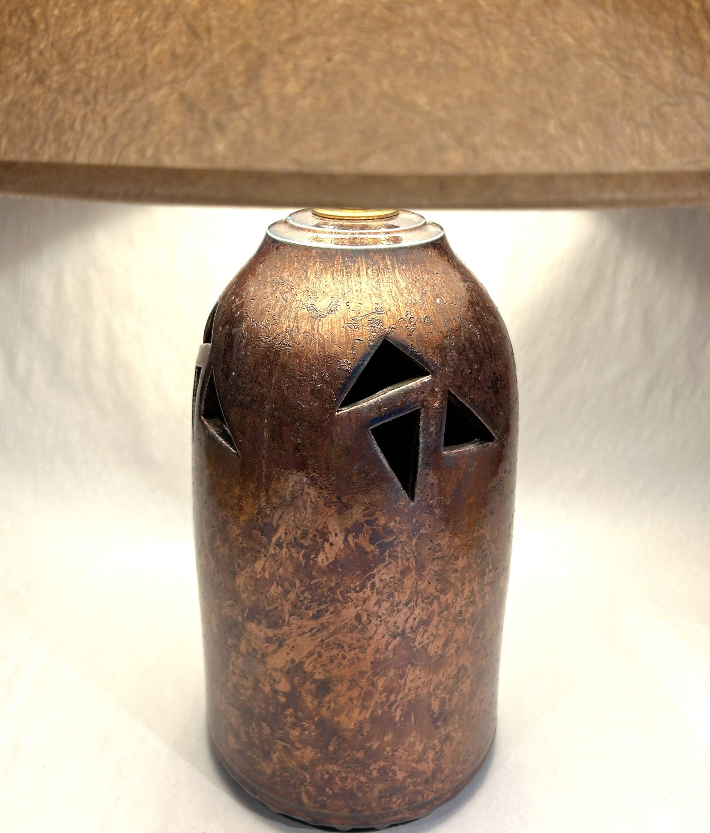 Handmade Raku Lamp with Copper Green Glaze - Wrinkled Paper Shade - Handmade Finial