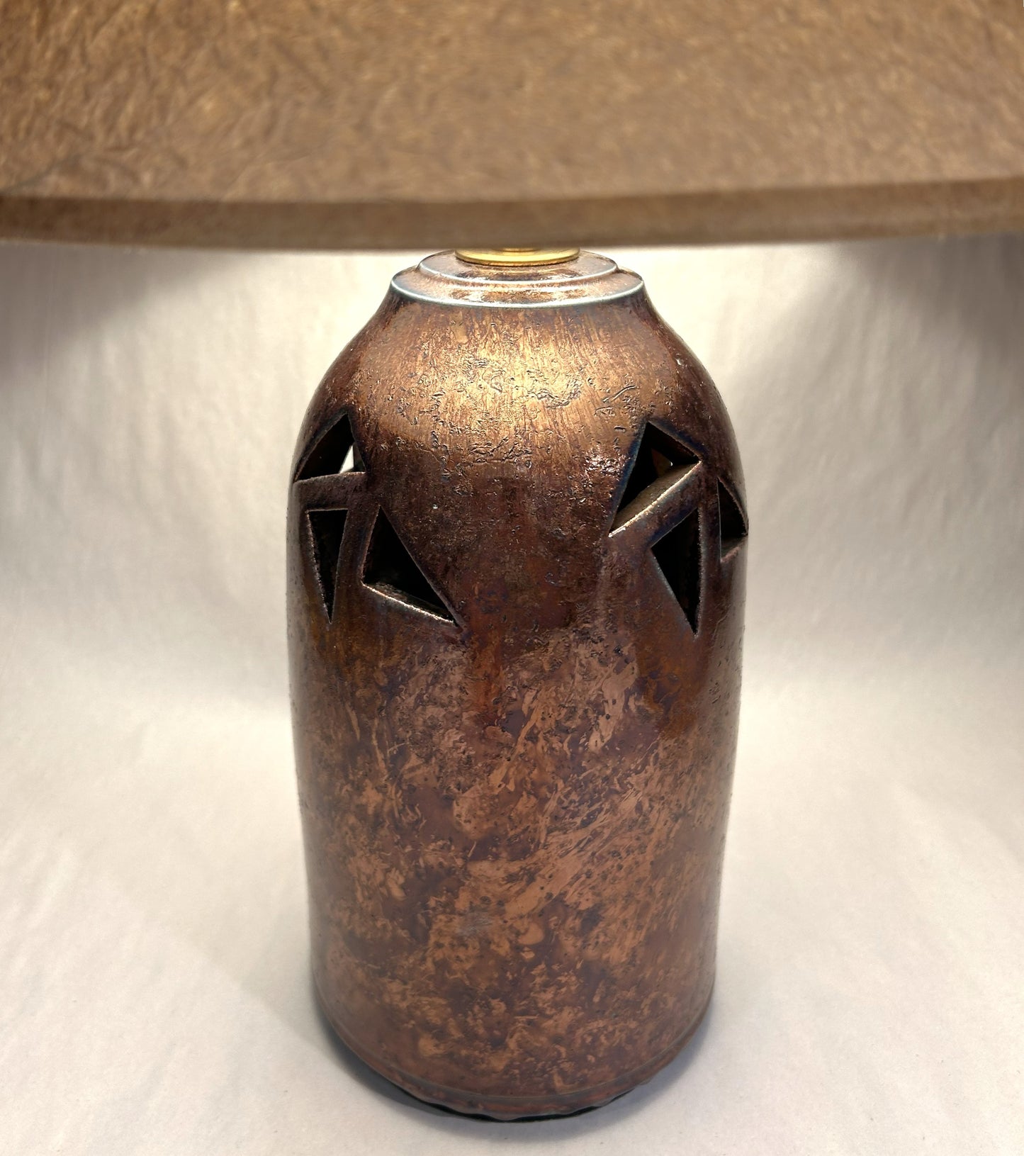 Handmade Raku Lamp with Copper Green Glaze - Wrinkled Paper Shade - Handmade Finial