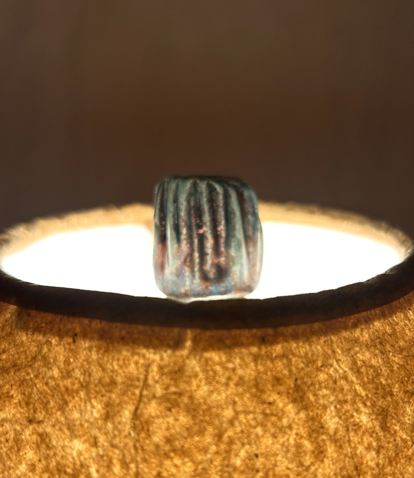 Handmade Raku Lamp with Copper Green Glaze - Wrinkled Paper Shade - Handmade Finial