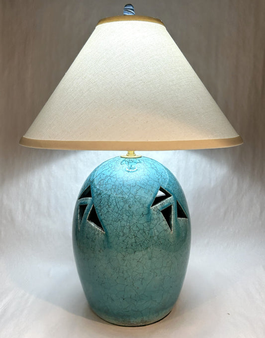 Handmade Raku Pottery Lamp with Light Blue Raku Glaze and a handmade finial
