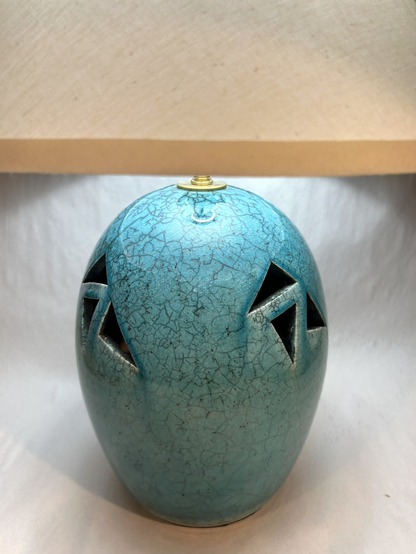 Handmade Raku Pottery Lamp with Light Blue Raku Glaze and a handmade finial