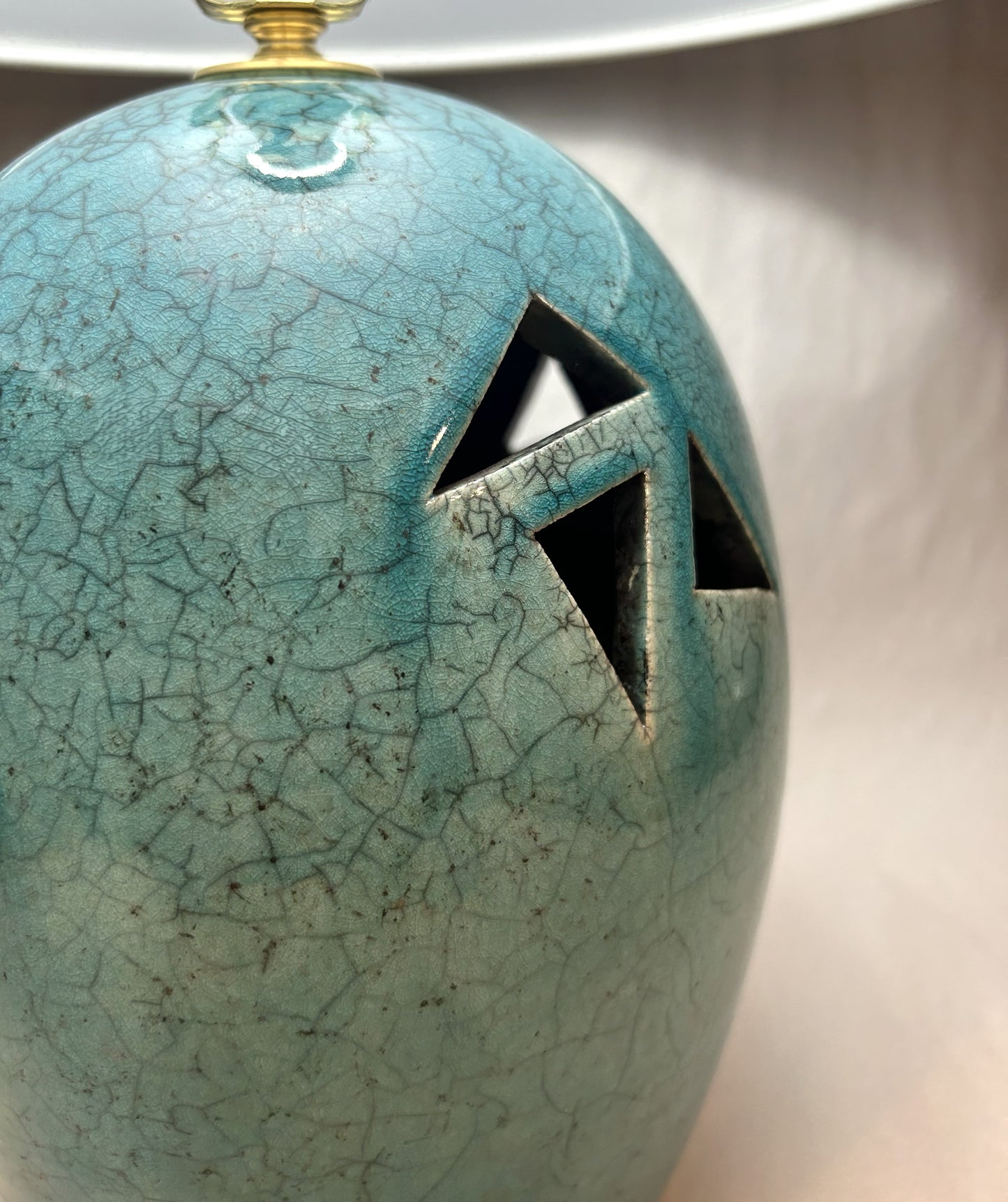 Handmade Raku Pottery Lamp with Light Blue Raku Glaze and a handmade finial
