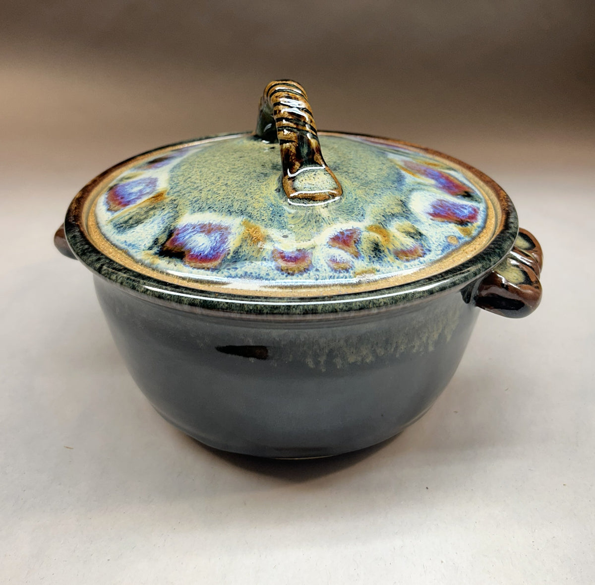 Handmade Pottery Casserole Dish with Lid - Temoku Black & Everything glaze