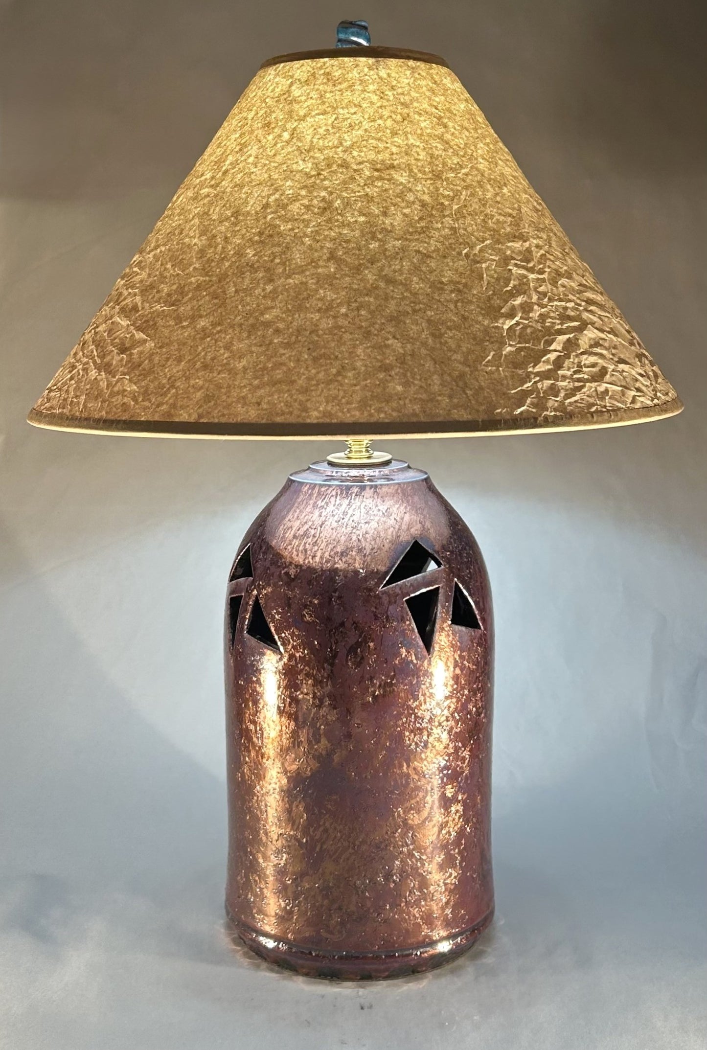 Handmade Raku Pottery Lamp with Cut-Out Designs – Copper Blue Raku Glaze