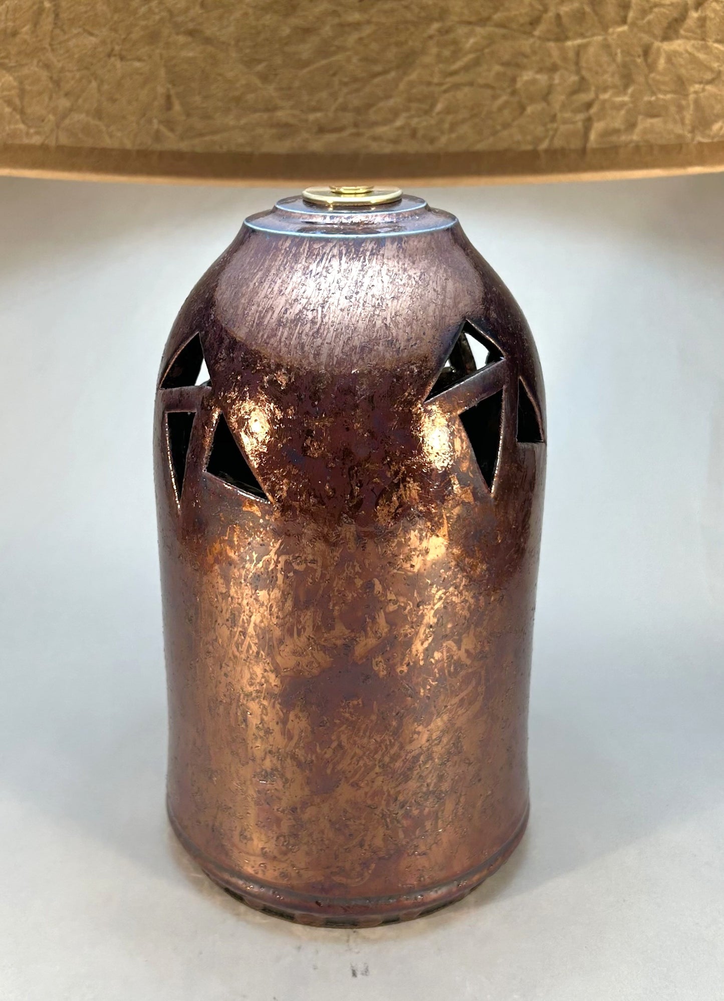 Handmade Raku Pottery Lamp with Cut-Out Designs – Copper Blue Raku Glaze