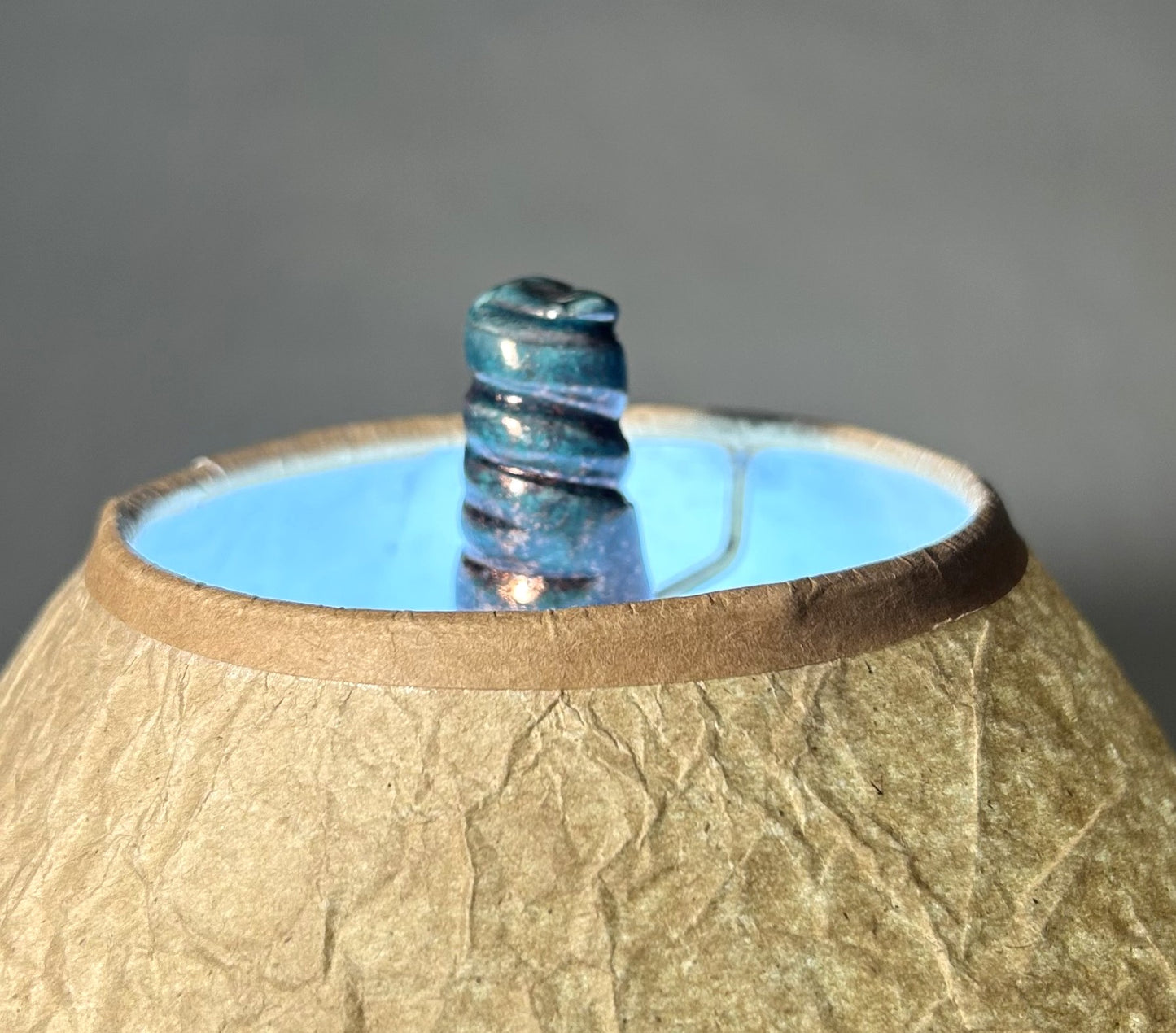 Handmade Raku Pottery Lamp with Cut-Out Designs – Copper Blue Raku Glaze