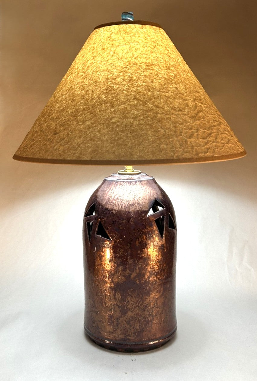 Handmade Raku Pottery Lamp with Cut-Out Designs – Copper Blue Raku Glaze